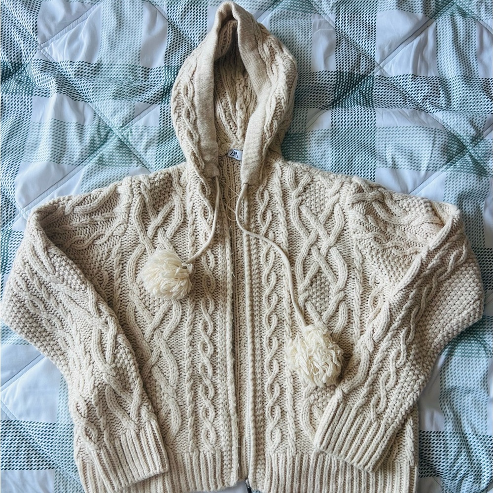 Zara Cream Cable Knit Hooded Cardigan